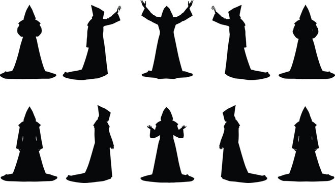 Hooded figure silhouette set, robed characters, ritual pose, mysterious cult, fantasy illustration, black vector, ceremony, mystic, secret, cloaked