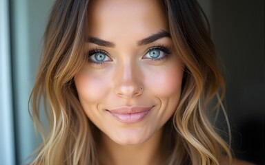 Obraz premium A close-up portrait of a woman with bright blue eyes and natural makeup. She has wavy hair and a confident expression against a blurred background. High quality