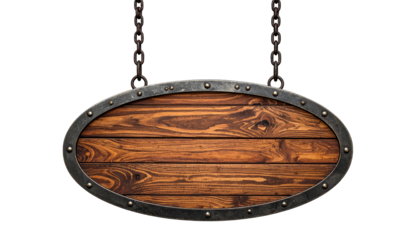 A rustic, oval wooden sign, hanging by chains against a black backdrop, with a metal-studded border. It is blank and ready for text