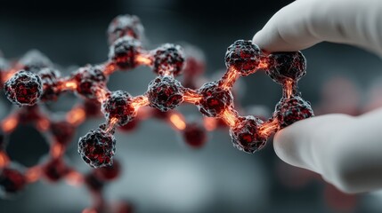 Scientist's gloved hand examines glowing molecular structure revealing scientific breakthrough and innovation