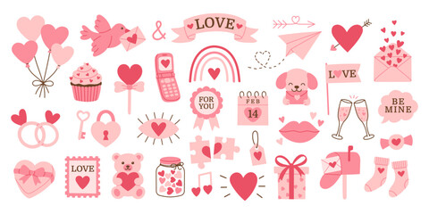 Cute Valentines Day set with hearts, envelopes, gifts, cupcakes and romantic symbols. Soft pink elements arranged on white background, flat hand drawn style