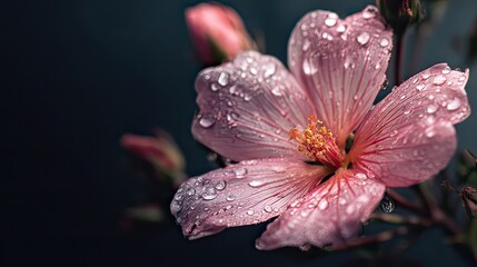 A delicate pink flower with water droplets after rain, showcasing its intricate details and soft petals against a dark, moody background