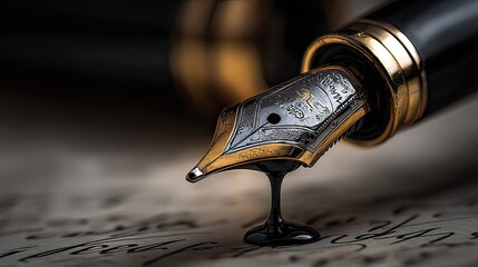 Close-up macro shot of a classic fountain pen nib with a drop of black ink about to fall onto old textured paper with calligraphy script