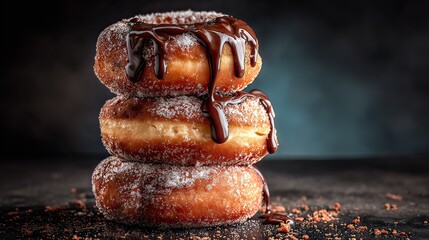 Stack of freshly baked donuts generously drizzled with rich chocolate syrup and dusted with powdered sugar, a delightful sweet treat