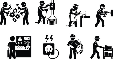 Obraz premium Industrial worker silhouettes set showing electricians, welders and factory labor activities, manufacturing safety and engineering icons isolated on white background