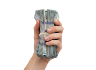 Hand Squeezing Crumpled US Dollar Bills Isolated on Transparent Background
