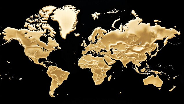 Shiny golden world map planisphere on black background for business and luxury design