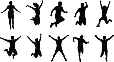 Jumping silhouette vector set, energetic poses, black figures, flat illustration, athletic movement, joyful action, dynamic posture, celebration, freedom, motion