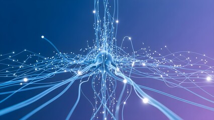 Advanced Neural Network Hub with Glowing Blue Synapses and Flowing Data Particles in Digital Space