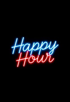 Blue and red neon sign Happy Hour glowing on black background, perfect for bar, party, nightlife, drink promotion or club event