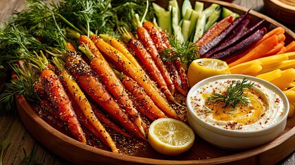 Vibrant Platter Featuring Roasted Carrots, Fresh Cut Vegetables, and Creamy Hummus with Dill and Lemon, a Perfect Healthy Appetizer for Sharing