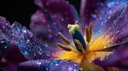 Macro Close-up of a Dazzling Purple Tulip Adorned with Sparkling Water Droplets, Revealing its Intricate Inner Beauty and Vibrant Hues