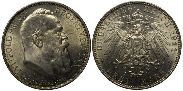 German silver coin 3 mark 1911. Bavaria prince regent Luitpold and German Empire eagle coat of arms