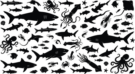 Marine Life Silhouettes Collection Featuring Sharks, Fish, Octopus, Squid and Sea Creatures Isolated on White Background © LatifunNahar