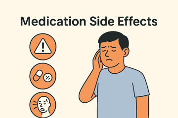 Man experiencing headache due to medication side effects, with warning icon.