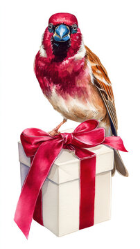 Festive red finch watercolor illustration perched on a white gift box with a vibrant red ribbon, cheerful holiday design.