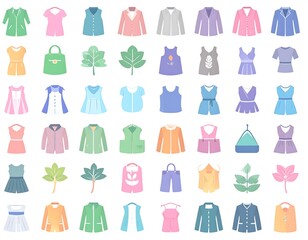 Assorted colorful illustrations of various clothing items and floral designs against a white background