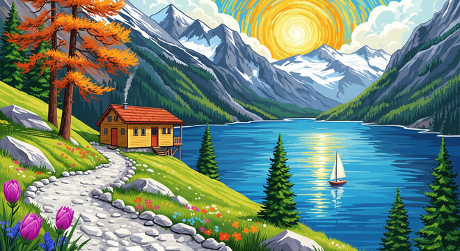 Sunny mountain landscape with cottage and lake Oil art Painting 3D relief wallpaper for mural wall art, canvas print, wall decor painting design