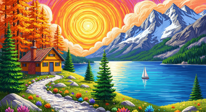Sunny mountain landscape with cottage and lake Oil art Painting 3D relief wallpaper for mural wall art, canvas print, wall decor painting design