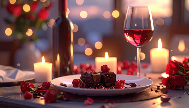 Romantic dinner setting with chocolate dessert, wine, and candles creating cozy atmosphere - Powered by Adobe