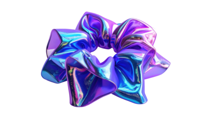 A vibrant, iridescent, multi-layered ribbon bow floats against a solid black backdrop. The 3D render displays complex folds