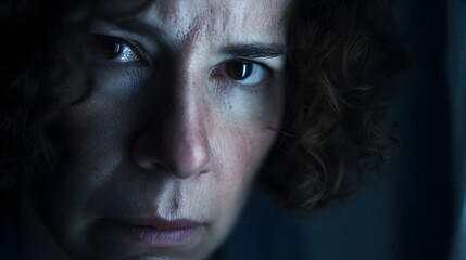 Fototapeta premium Intense Close-Up Portrait of a Determined Woman with a Scar.