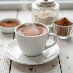 Fototapeta premium Steaming cup of coffee sits on white saucer, surrounded by sugar and cocoa powder in glass containers, creating cozy atmosphere