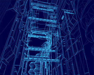 A futuristic city power plant blueprint with a blue background displays detailed wireframe construction plans. The design includes electrical towers, power lines, and structural components.