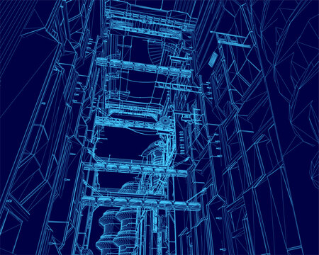 A futuristic city power plant blueprint with a blue background displays detailed wireframe construction plans. The design includes electrical towers, power lines, and structural components.