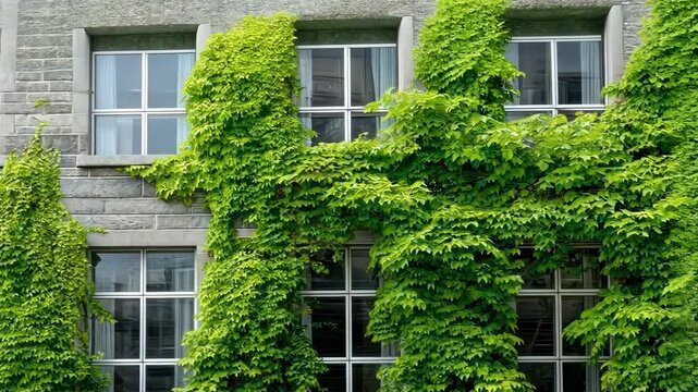 Ivy grows on stone building and frames windows in city on sunny day
