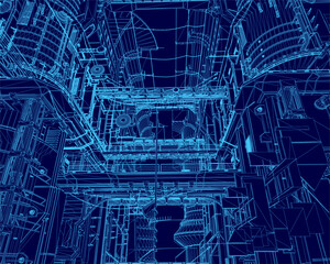 A futuristic city blueprint reveals intricate architectural wireframe details against a deep blue background.