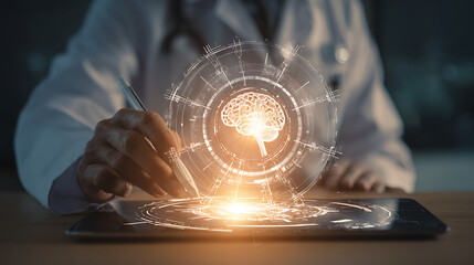 Medical professional interacting with holographic brain interface doctor white coat