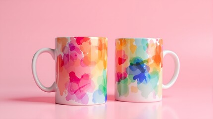 two white ceramic mugs with colorful watercolor-style paint splashes. 