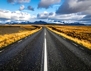 An asphalt road stretches towards snow-capped mountains under a dramatic, partly cloudy sky, with golden fields on either side