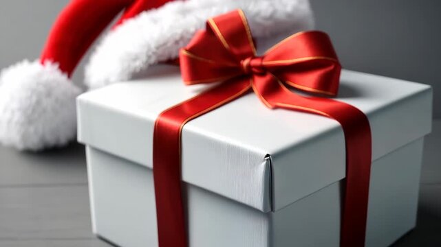 Christmas gift box with red bow and Santa hat close up on a gray surface during holiday season preparations