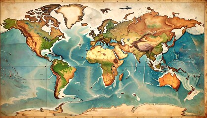 Antique-style world map with stylized landmasses and oceans in vintage hues, featuring subtle texture, shadows, and a faded appearance