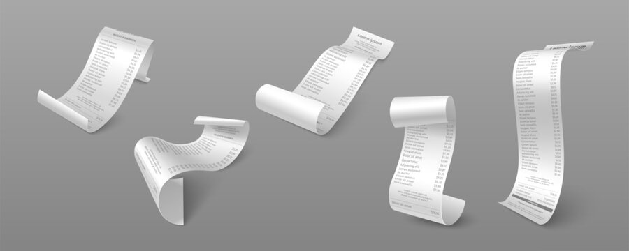 Long paper receipt mockups with printed purchase details and bill items on curled 3d roll tickets. Realistic shop reciept collection in various curved positions for retail transaction documentation.