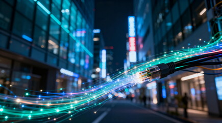 Obraz premium Fiber Optic Cable with Neon Lights in Modern Urban Nightscape