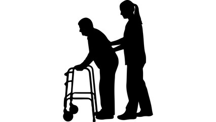 Elderly man with walker assisted by caregiver with transparent background