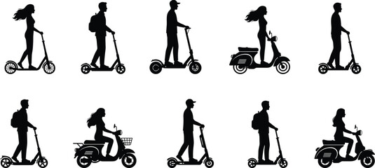 Scooter rider silhouettes, electric and motor scooter poses, urban transport theme, flat vector illustration, cad drawing, stock asset, mobility design © LatifunNahar