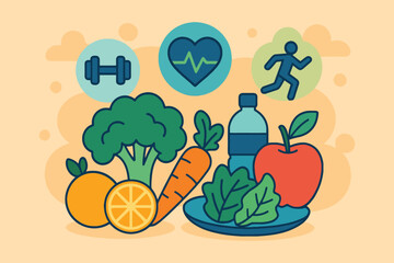 Healthy Lifestyle Icons: Nutrition, Exercise, and Hydration