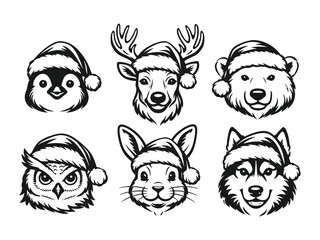 Hand Drawn Animal Face with Santa Hat Illustration Vector Set in Vintage Engraving Style, Black and White Christmas Wildlife Characters