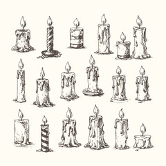 Hand Drawn Candle Illustration Vector Set in Vintage Engraving Style, Black and White Decorative Wax Candle Collection