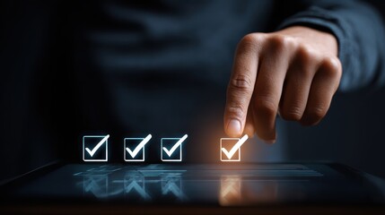 Hand Clicking on a Digital Checkmark Icon on a Tablet with a Dark Background Representing Task Completion and Digital Workflow Concepts