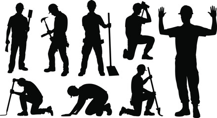 Obraz premium Silhouettes of Construction Workers with Tools in Different Poses on White Background Keywords: construction worker, silhouette