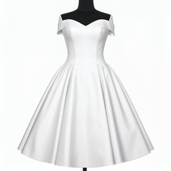 Elegant off-the-shoulder white satin dress displayed against a white backdrop