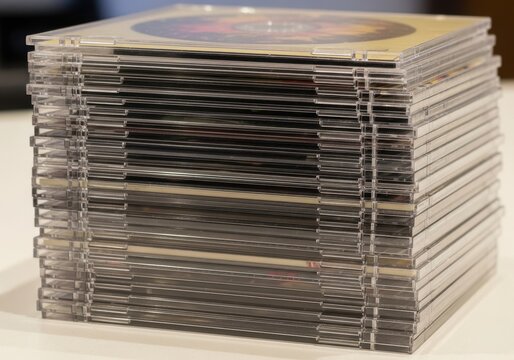 Stack of numerous compact disc jewel cases forms a tall, clear plastic tower
