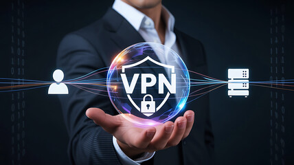 Man Pointing at VPN Virtual Private Network Security Icon on Screen