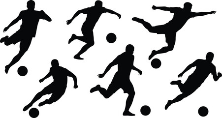 Soccer, player, silhouette, kicking, running, ball, sport, action, athlete, black, icon, vector, flat, dynamic, motion, pose, football, illustration, graphic, cad drawing flat vector illustration