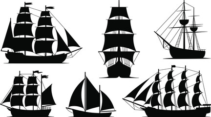 Six Black Silhouette Sailing Ships and Galleons with Full Sails Keywords: ship, sailboat, sailing ship, silhouette, black, white © Shahajan